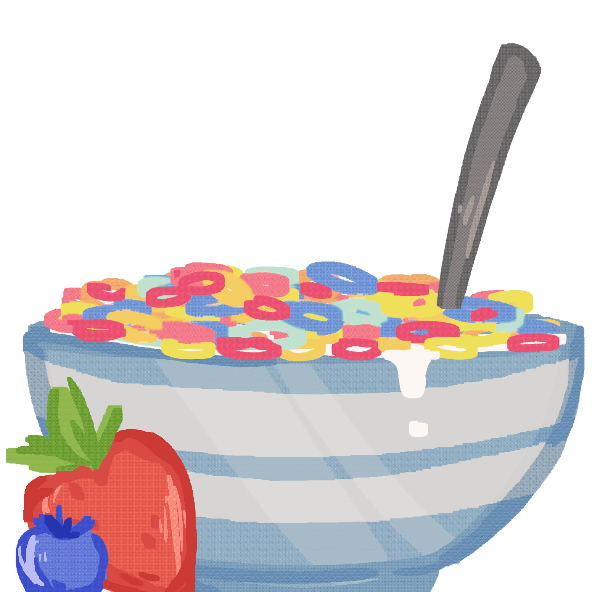 a bowl with brightly colored cereal and a spoon in it, and with a strawberry and blueberry to the side of the bowl.